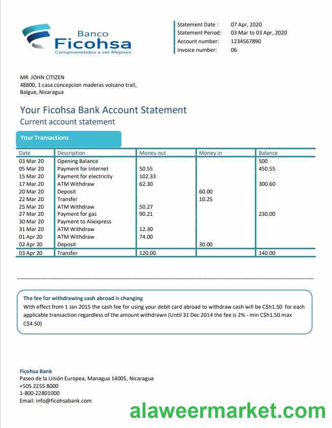Nicaragua Banco Ficohsa bank statement